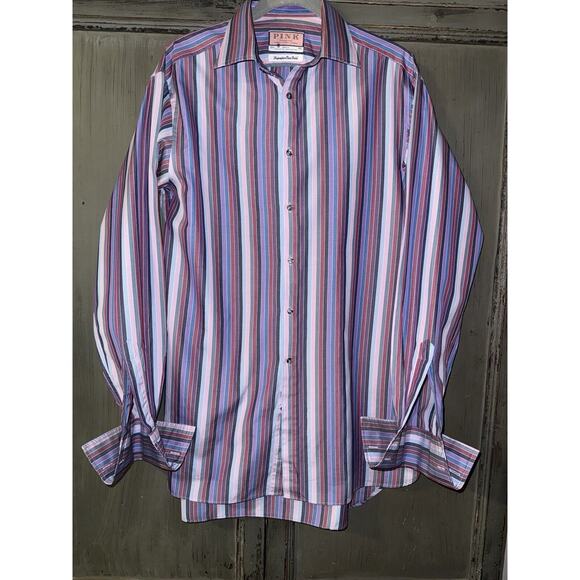 Thomas Pink 15.5 / 36 Cuff Magenta Blue Purple Striped Superfine Two Fold Shirt - Picture 1 of 7